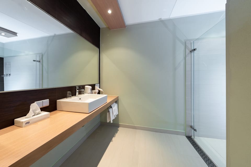 Shower, hair dryer, bathrobes, towels