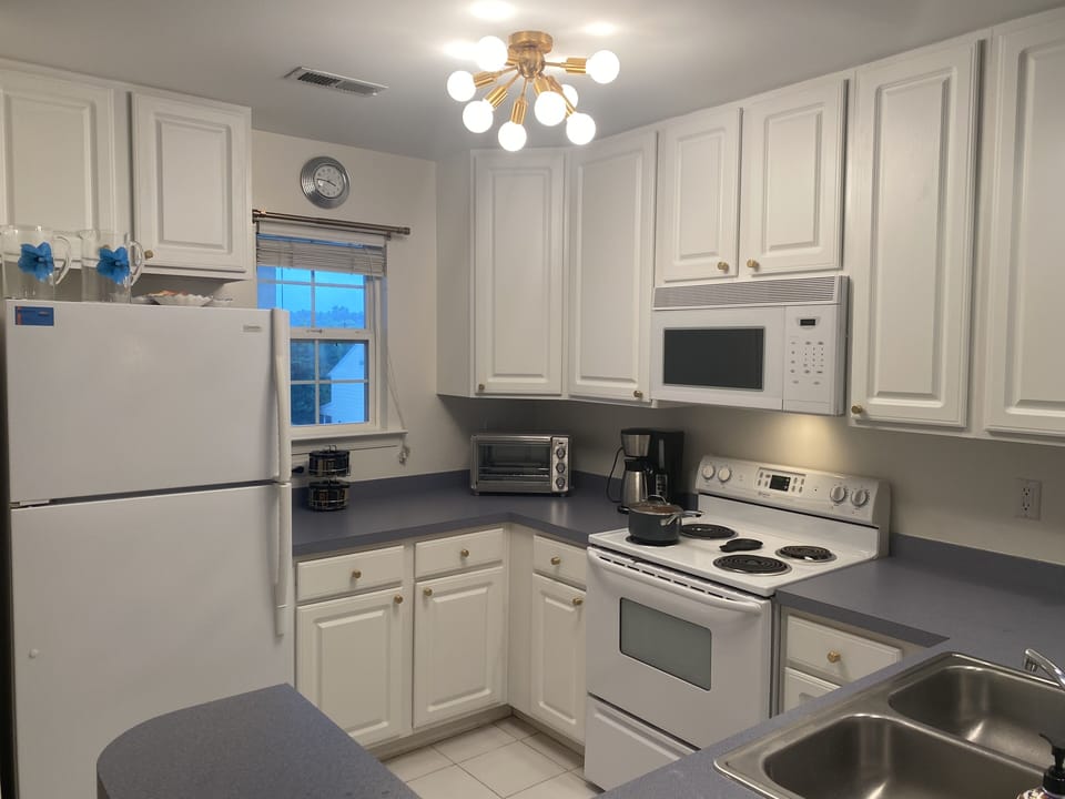 Fully stocked kitchen with electric range and oven, microwave, fridge and dw
