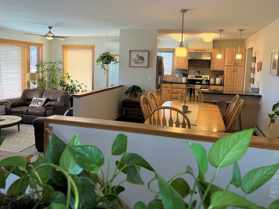 Entryway overlooking dining, kitchen, and living room areas. 
