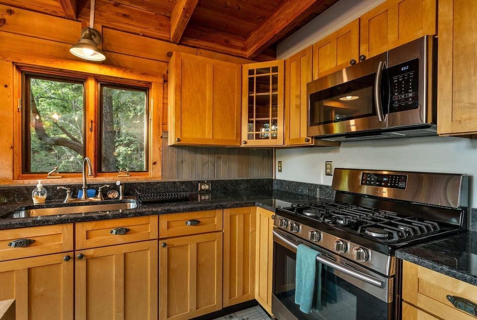 A fully-stocked kitchen has everything you would need to cook meals for the family.
