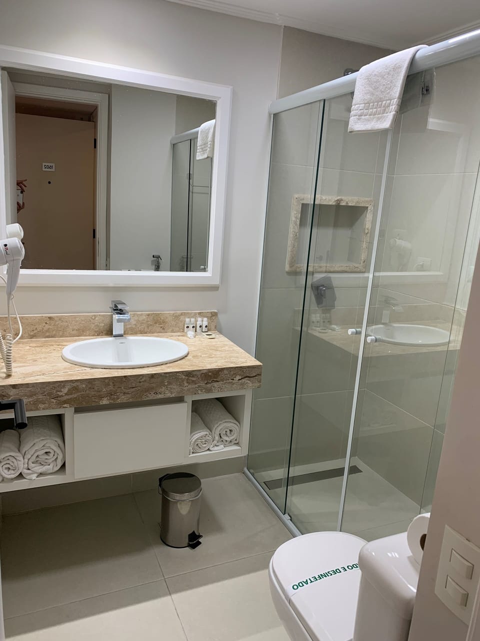 Shower, hair dryer, bathrobes, soap