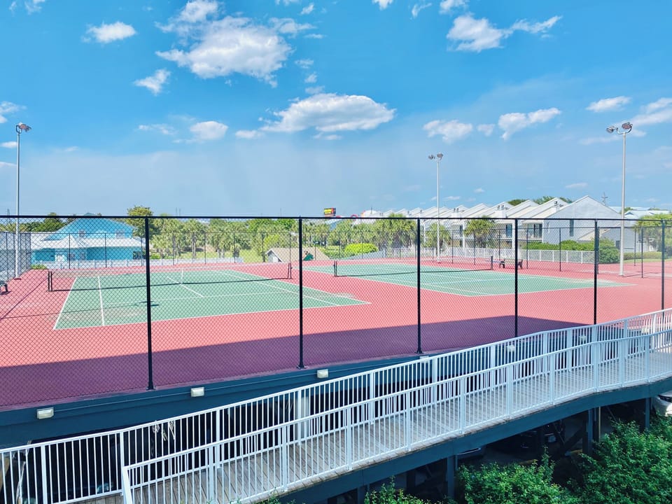 Well-maintained tennis courts with professional lighting and fencing offer the perfect setting for an active vacation.