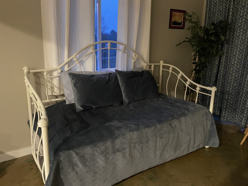 Day bed with pullout in basement family room.  