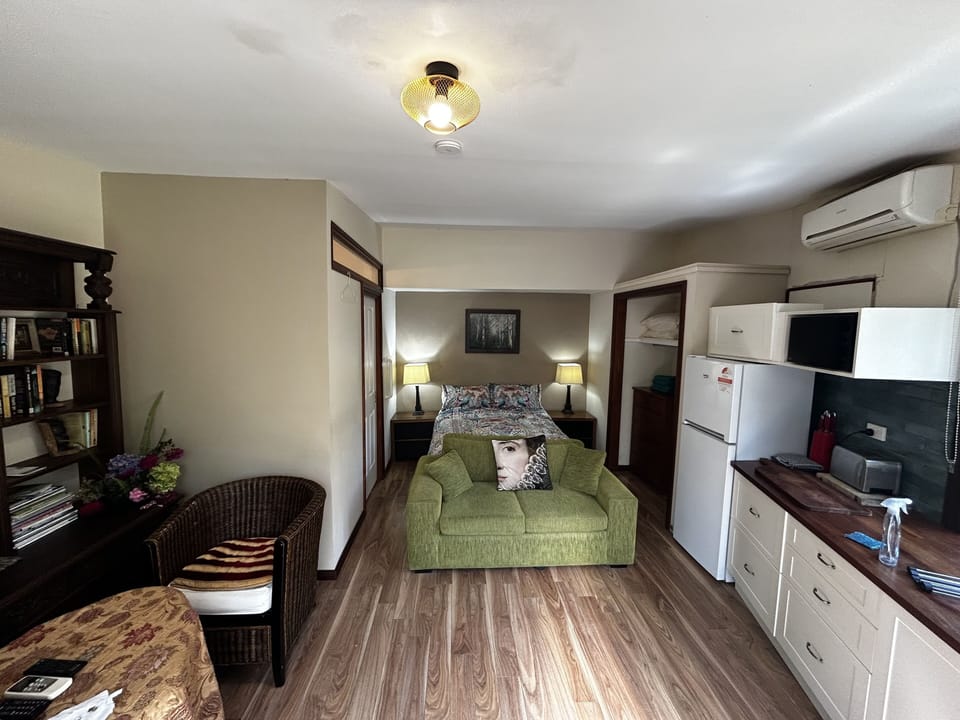 Furnished with double bed, bathroom, kitchenette, air-con, a very quiet fridge