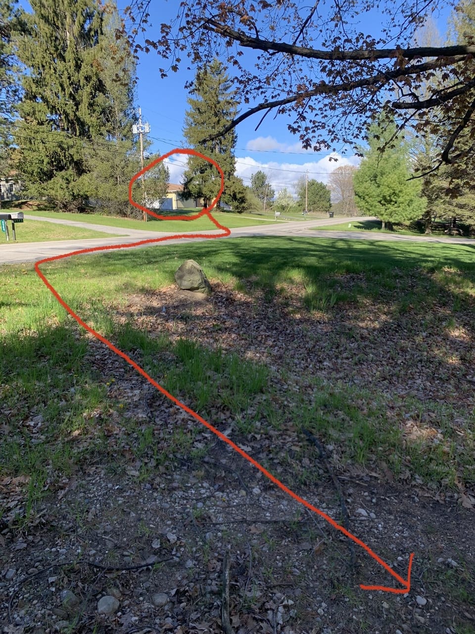 Red line from the house to the walkway to the dock.  Walkway is 250' from house