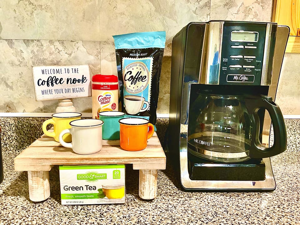 Coffee station. Starter set includes filters, coffee and creamer to start your 1st morning off right