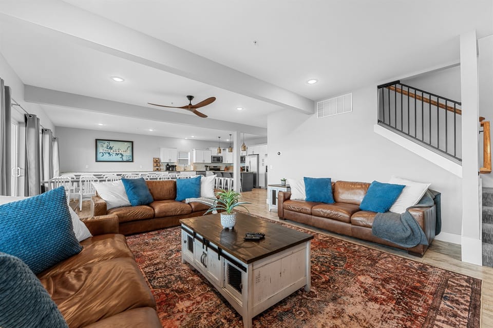 Great Room with electric fireplace and 65 inch smart TV