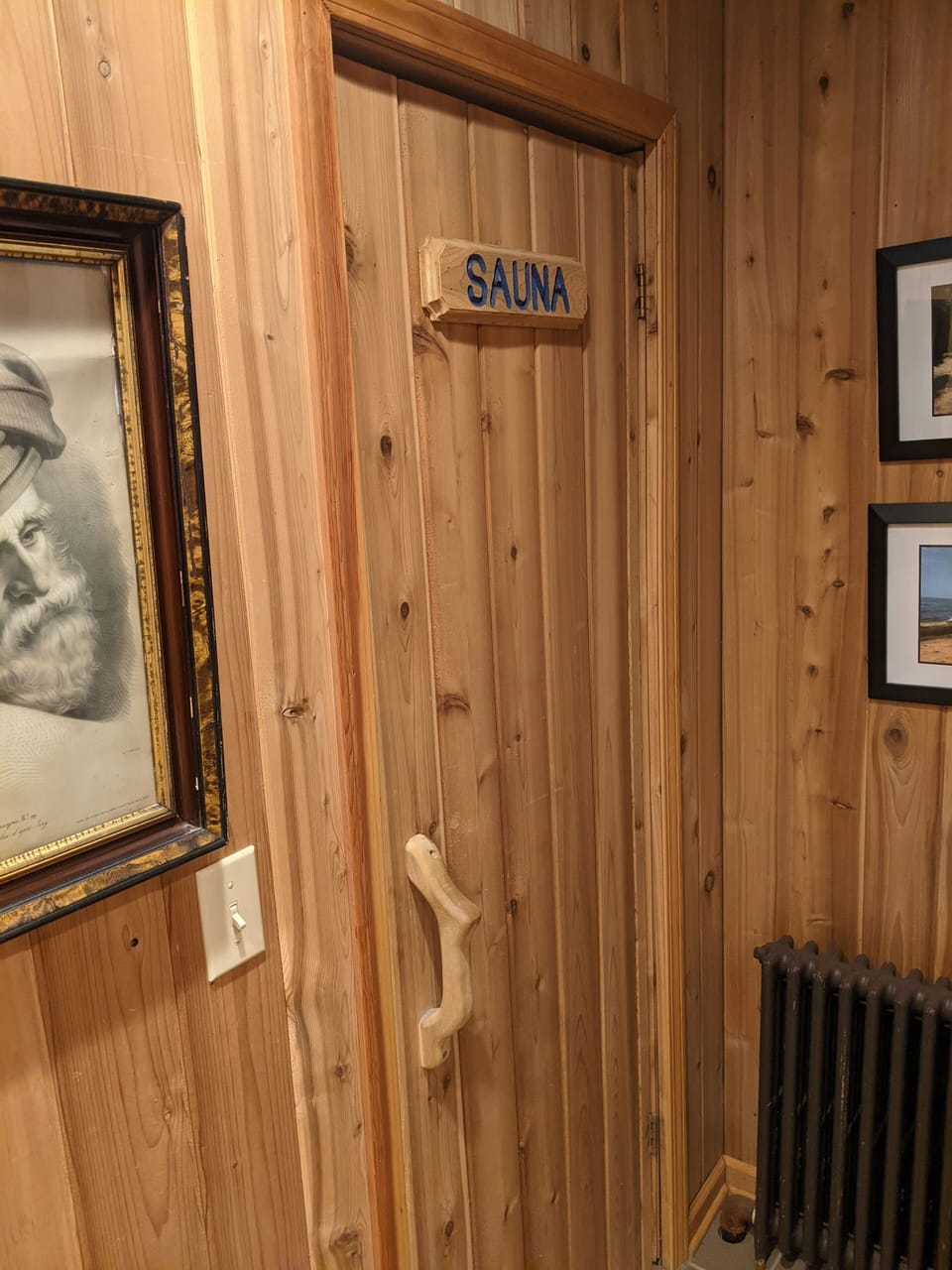 Sauna is on first floor,  shower just across.  