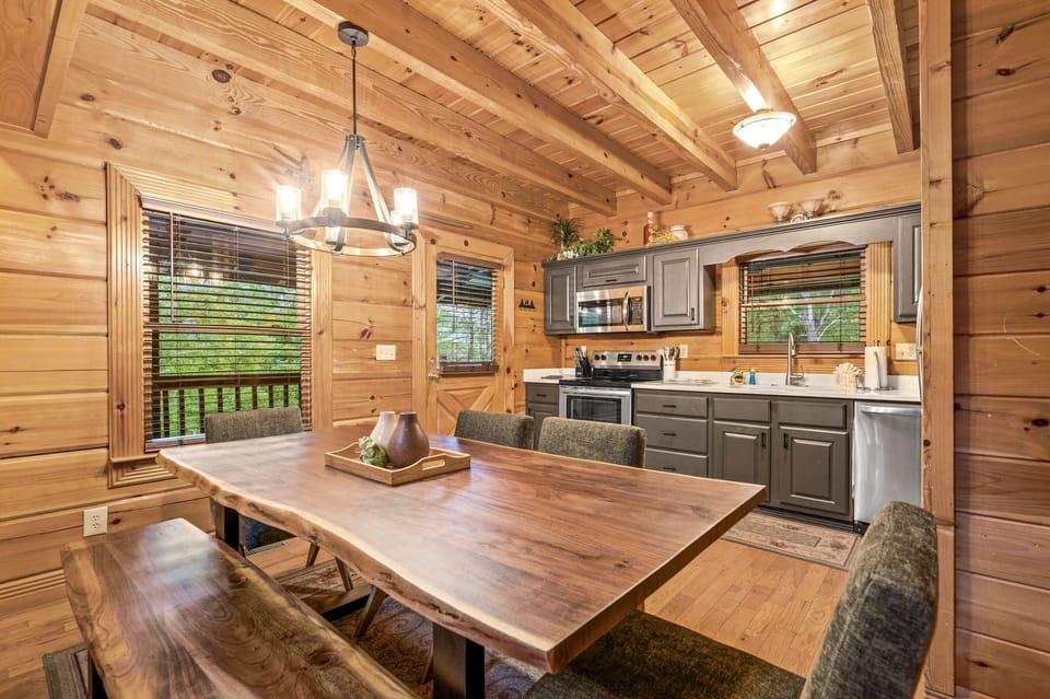 Large dinning room table fits eight.  Hand crafted and tastefully designed.