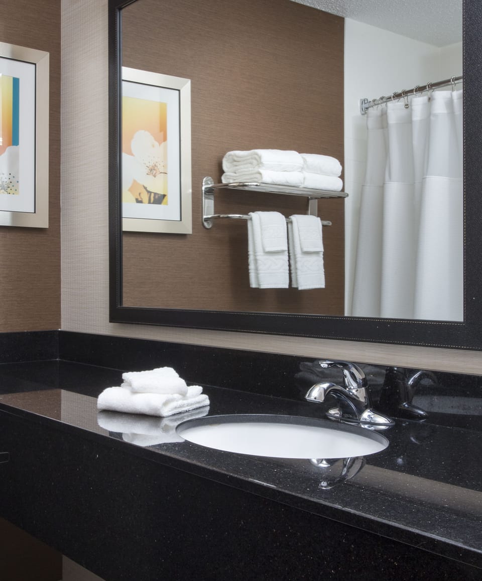 Combined shower/tub, eco-friendly toiletries, hair dryer, towels