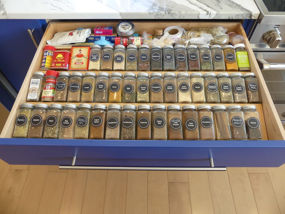 Well stocked spice drawer.