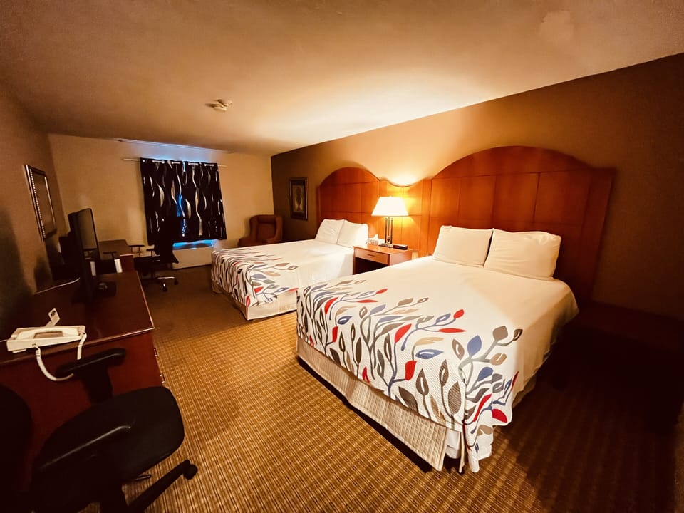 Double Room, 2 Queen Beds | Desk, blackout drapes, iron/ironing board, free WiFi