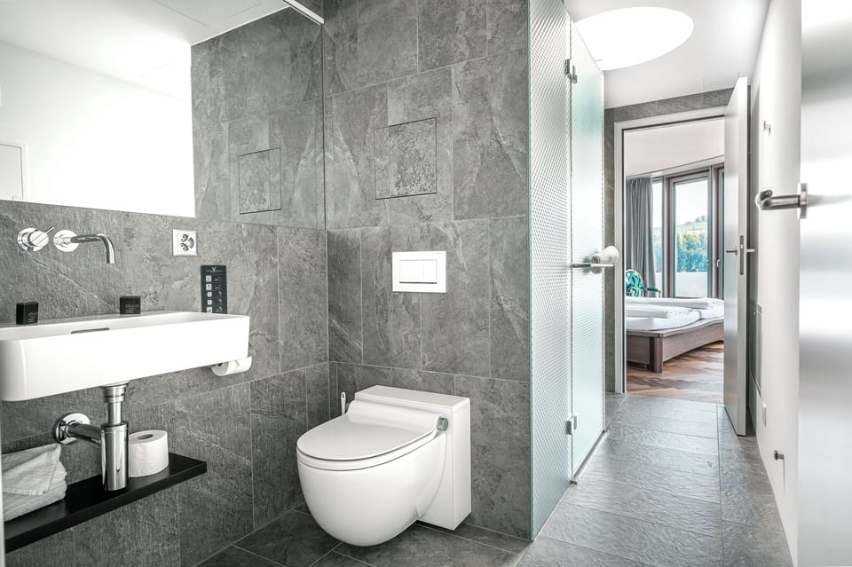 Shower, hair dryer, slippers, towels