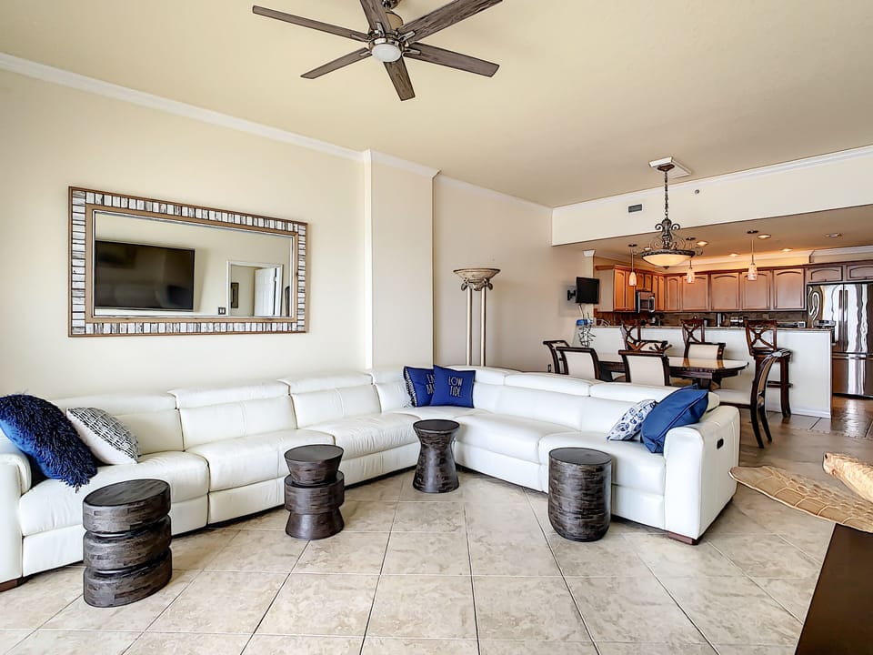 Living room with white sectional