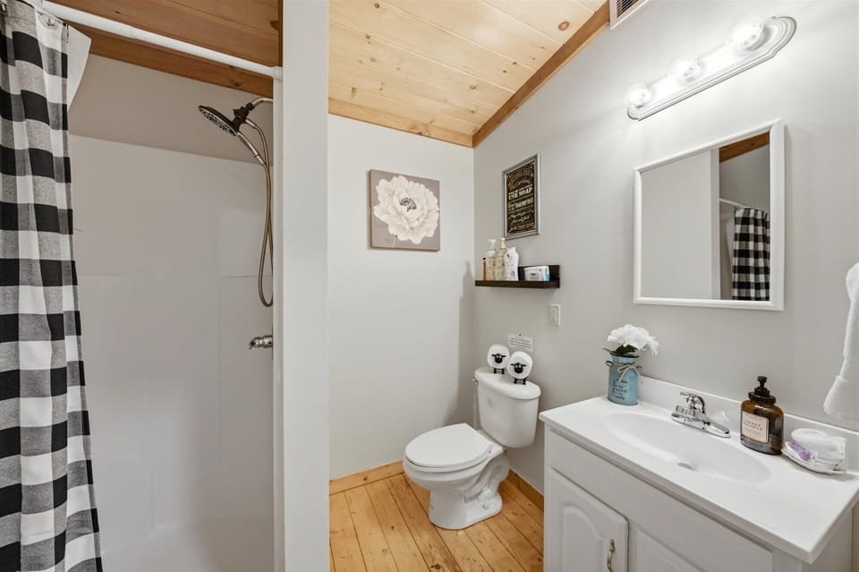 Upstairs bathroom w/shower, shampoo/conditioner, q-tips, makeup wipes.