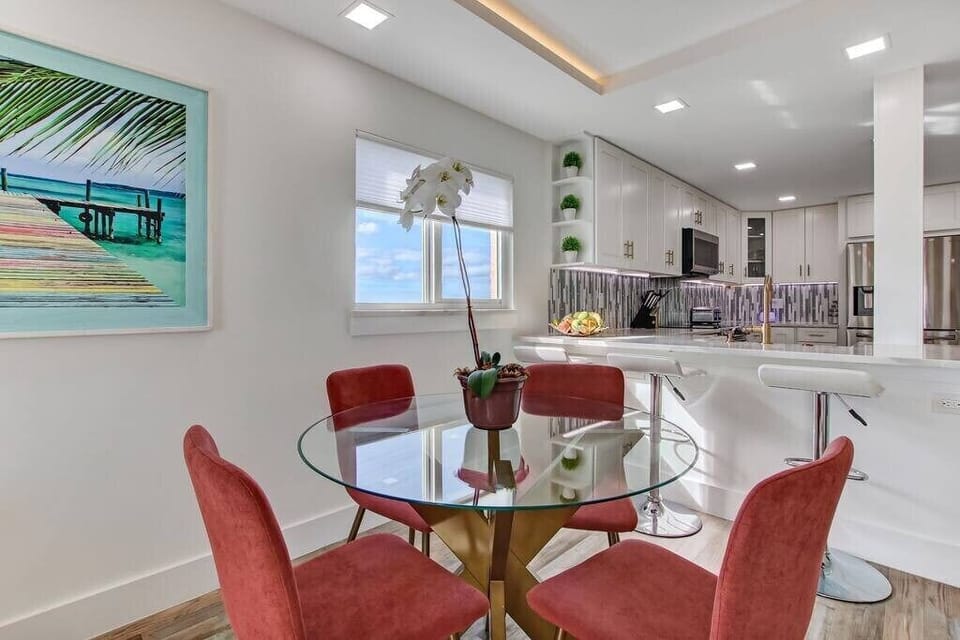 Dining room table + Countertop bar + Kitchen.