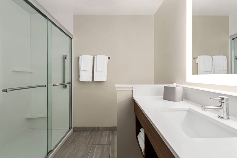 Hair dryer, towels, soap, shampoo
