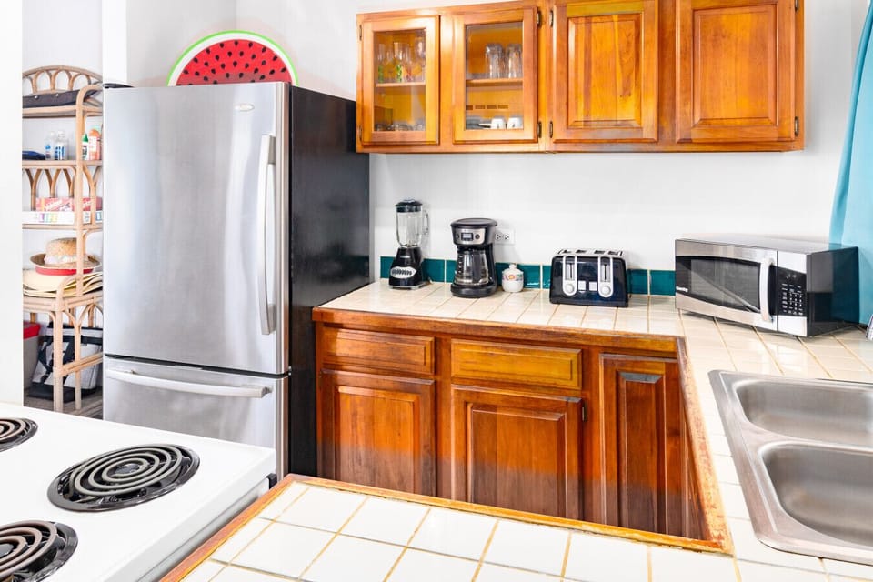 Fully stocked kitchen.