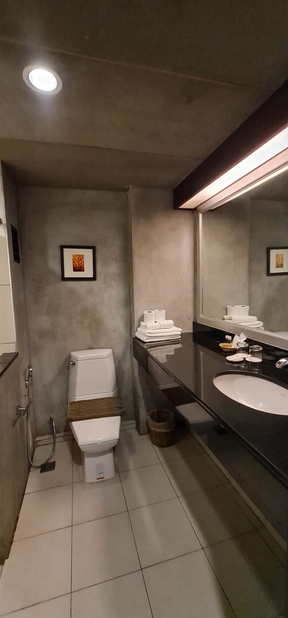 Shower, rainfall showerhead, free toiletries, hair dryer