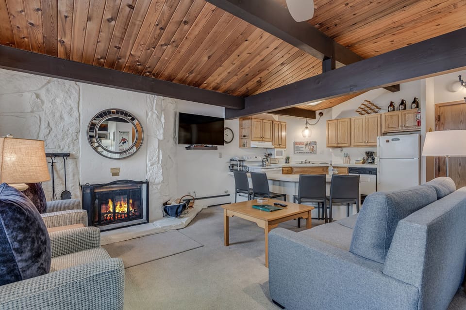 Living room with wood-burning fireplace