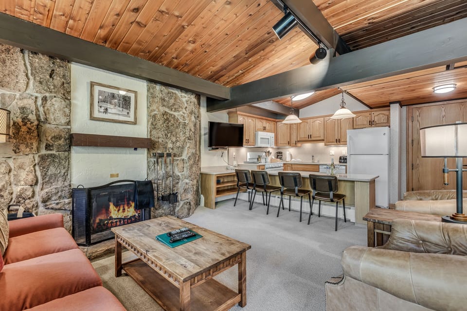 Living room with wood-burning fireplace