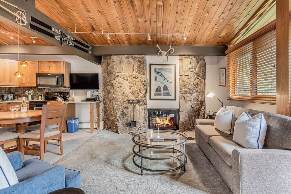 Living room with wood-burning fireplace
