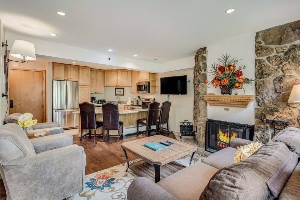Living room with wood-burning fireplace