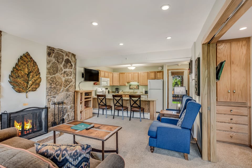 Living area with wood-burning fireplace