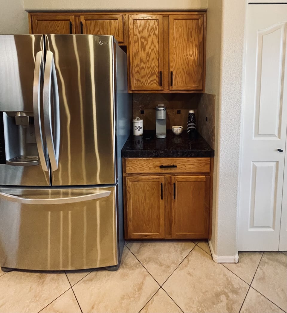 Keurig coffee nook supplied with k-cups and creamer for your morning cup of joe