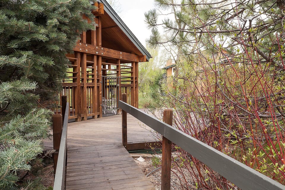 A charming wooden boardwalk leads to a cozy covered pavilion, surrounded by evergreens and seasonal foliage.