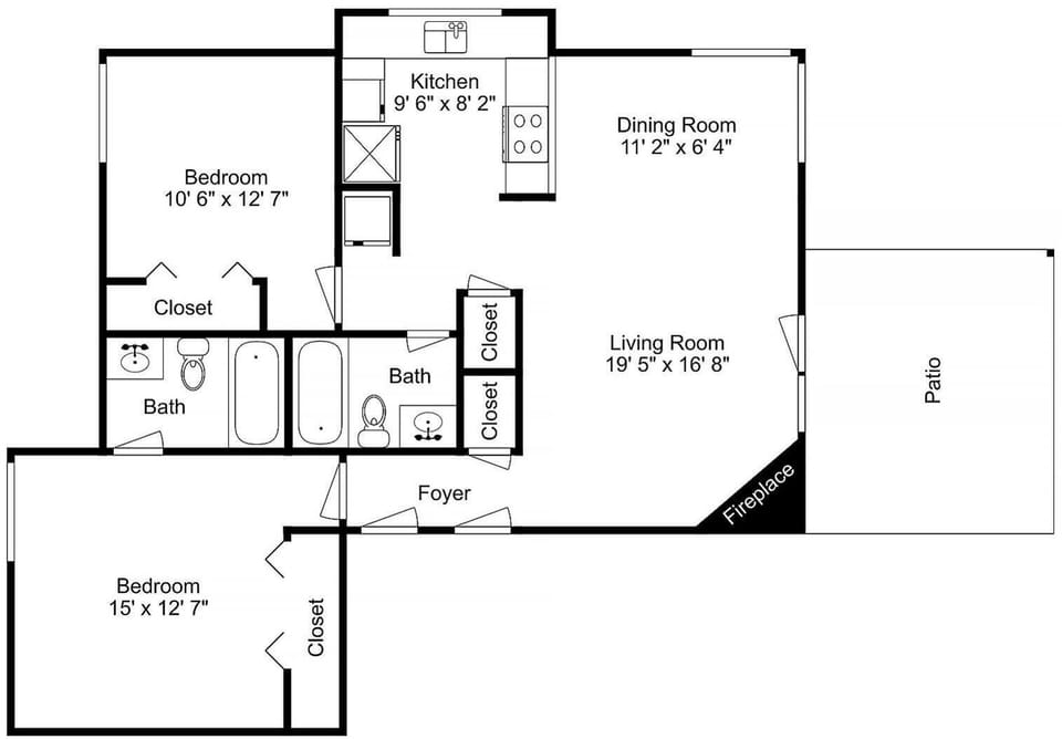 Floor plan shows a thoughtfully designed two-bedroom layout with spacious living areas, full kitchen, and cozy fireplace for your mountain getaway.