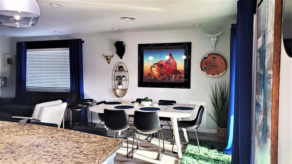 Spacious dining table expands with seating for 8