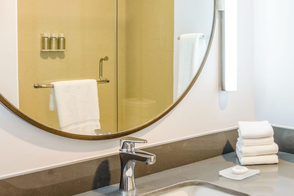 Room, 1 King Bed with Sofa bed | Bathroom | Free toiletries, hair dryer, towels, soap