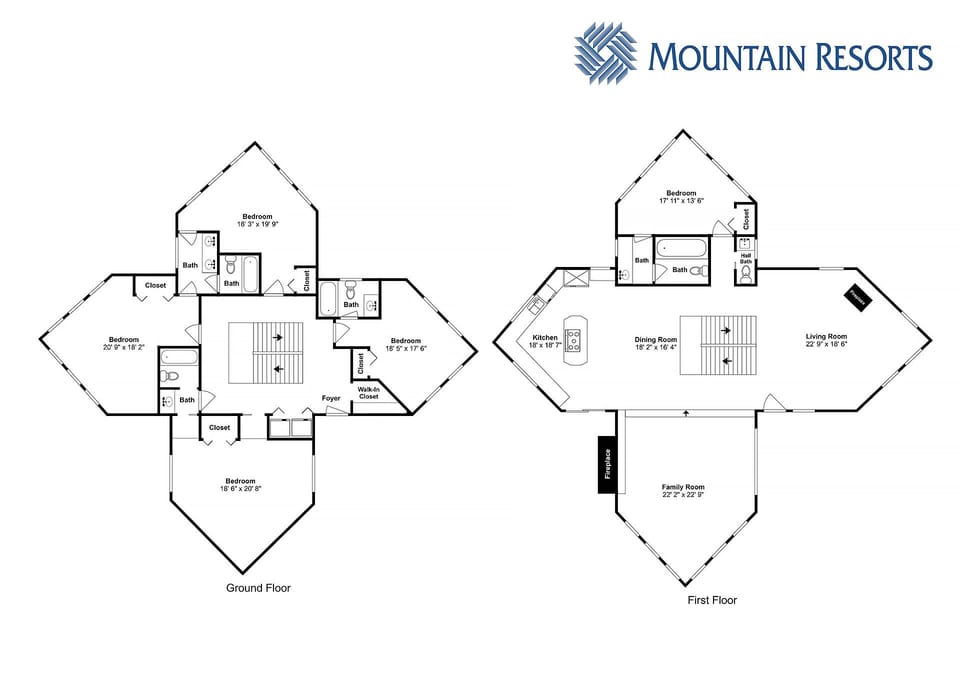 Study the thoughtful layout of your mountain retreat with this detailed floor plan showing spacious bedrooms, bathrooms, and living areas.