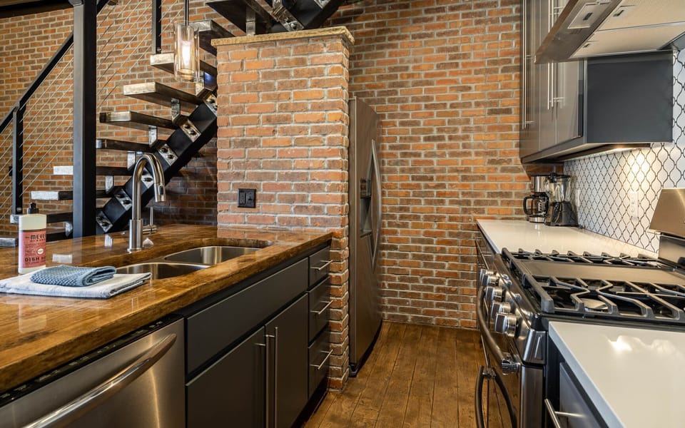 The custom kitchen makes meal prep and cleanup simple