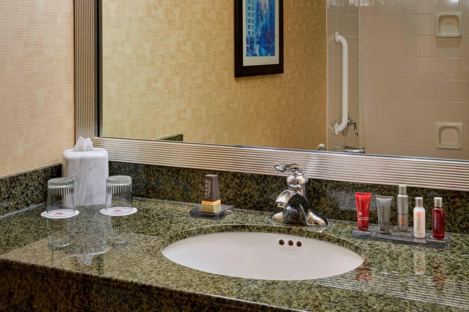 Combined shower/tub, free toiletries, hair dryer, towels