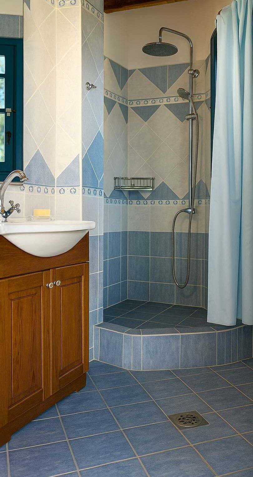 Walk-in shower with privacy curtain