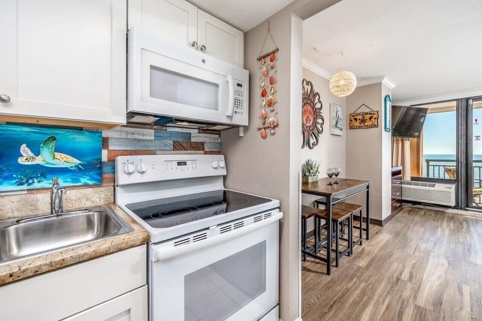 Kitchen, looking into living/sleep area with a smart TV.