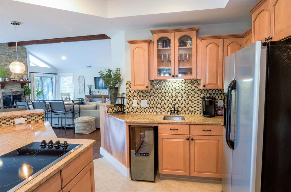 Beverage/prep station w/dedicated sink and mini fridge. Brew & Keurig coffee 