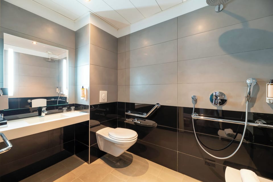Eco-friendly toiletries, hair dryer, towels, soap