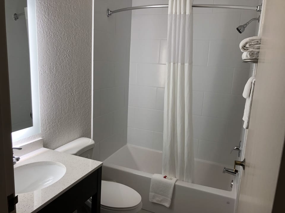 Combined shower/tub, hair dryer, towels