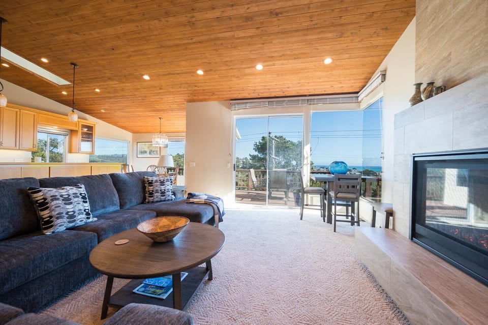 Living room with ocean view and gas fireplace