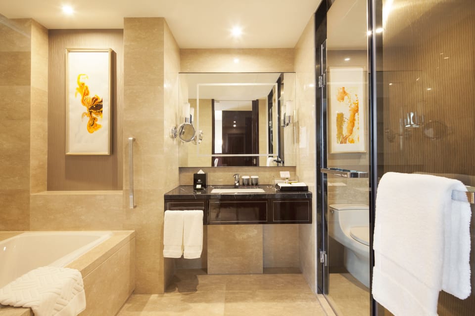 Separate tub and shower, deep soaking tub, free toiletries, hair dryer