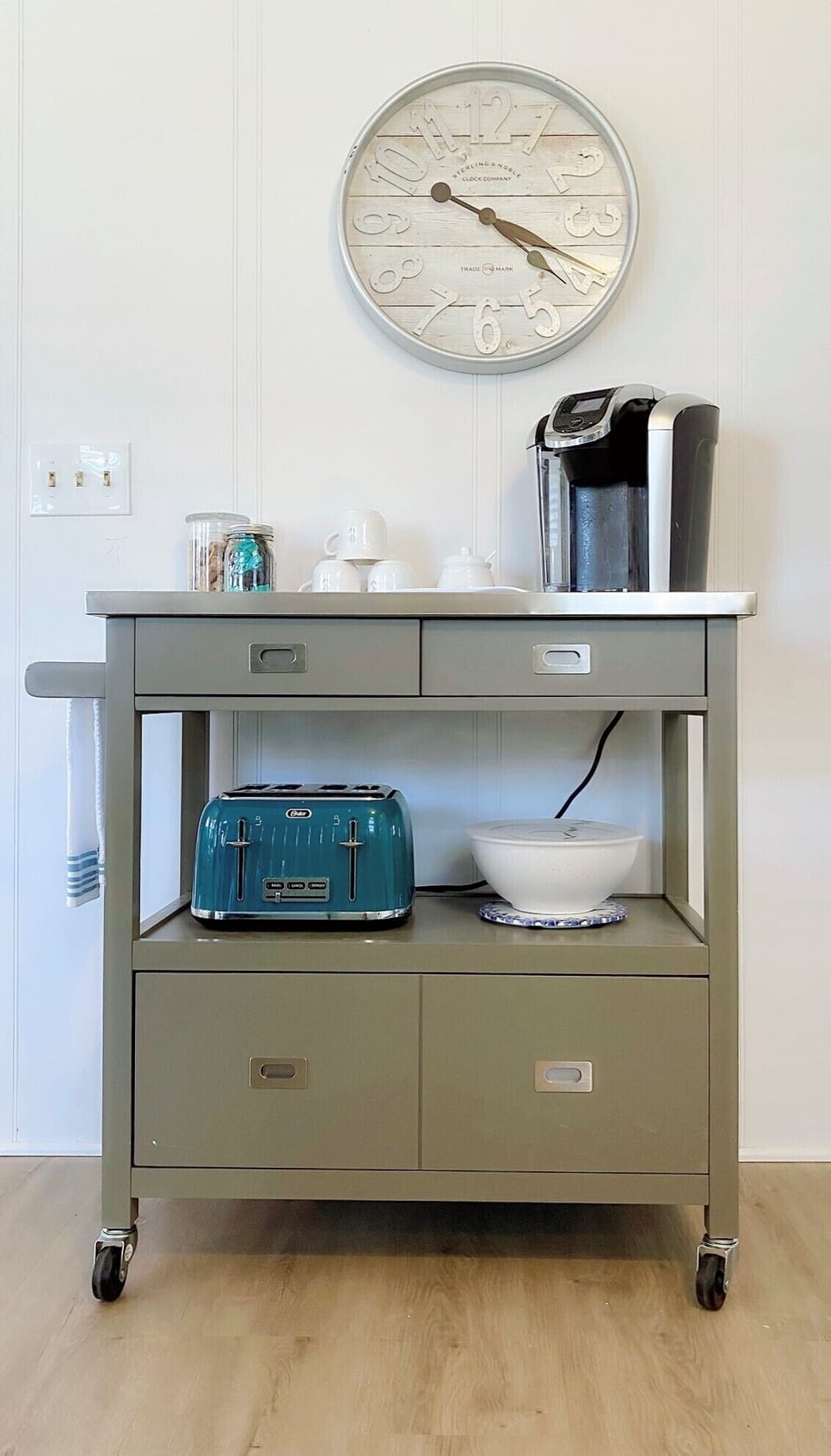 Coffee and toaster bar with extra storage for food and snacks. We provide sugar!