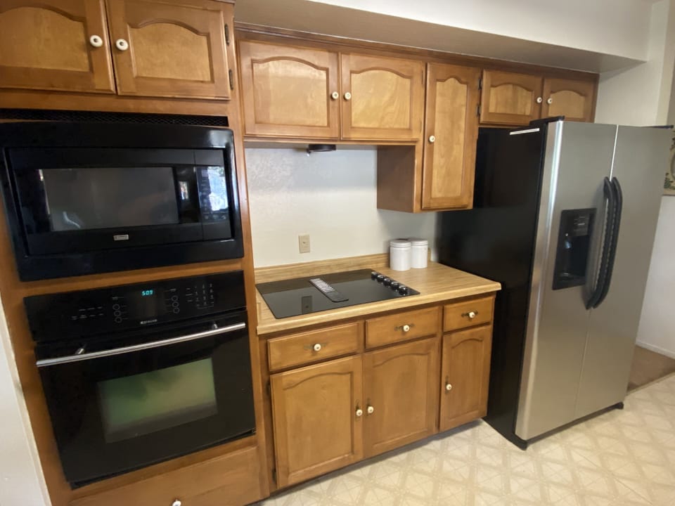 Radiant stove top with downdraft fan, convection oven and built in microwave