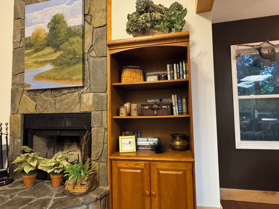 Rustic stone fireplace with warm wood shelving and cozy cabin charm