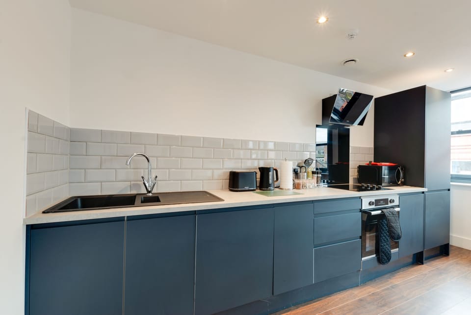 Apartment | Private kitchen | Full-size fridge, microwave, oven, stovetop