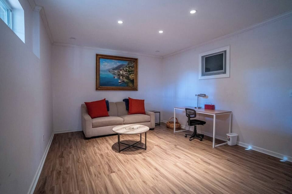 Basement pull out couch and desk in private room