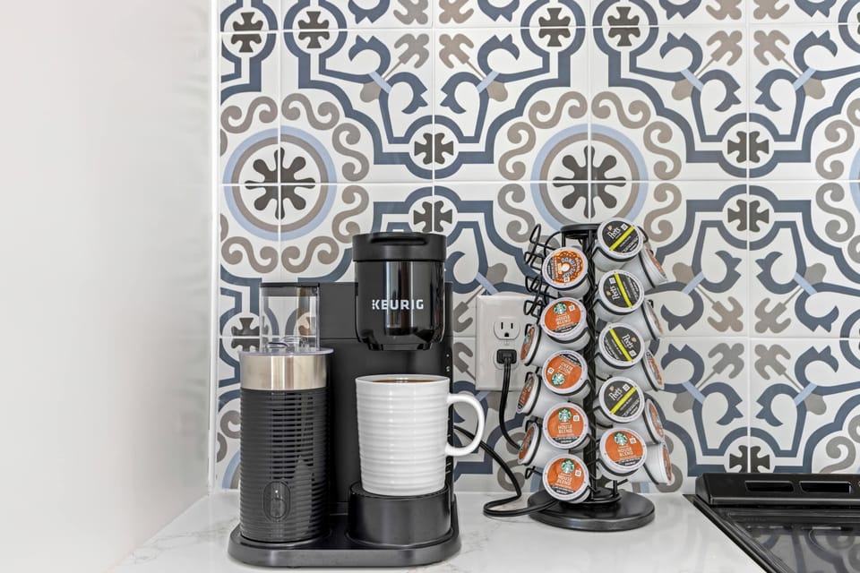 “Start your morning right with the fully stocked coffee station.”