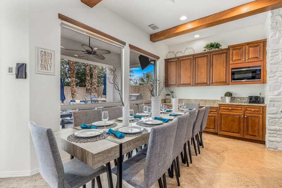 The indoor dining table has seating for 12